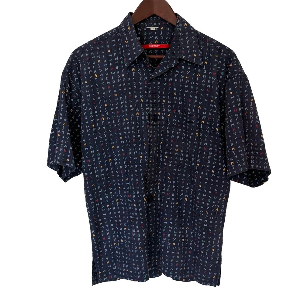 Signum Men's Navy Alphabet-Print Short-Sleeve Camp Shirt Size S, German Label